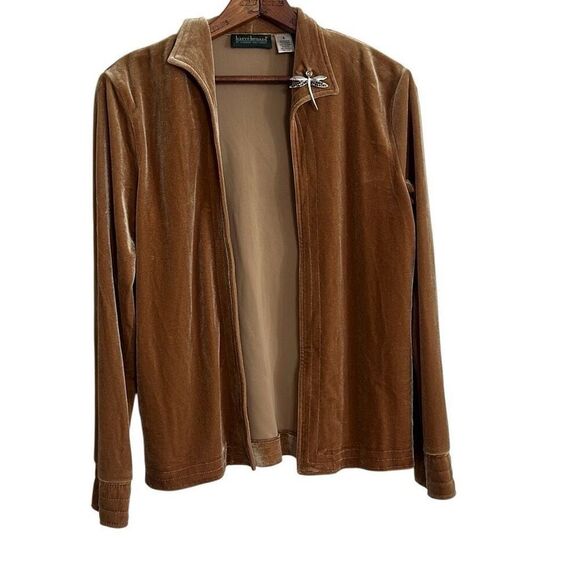 Harve Benard Open Front Velvet Cocktail Jacket With Dragonfly Brooch Tan Small - Picture 1 of 7